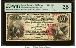 image for: Santa Barbara, CA - $10 1875 Fr. 419 The Santa Barbara County National Bank Ch. # 2456 PMG Very Fine 25....