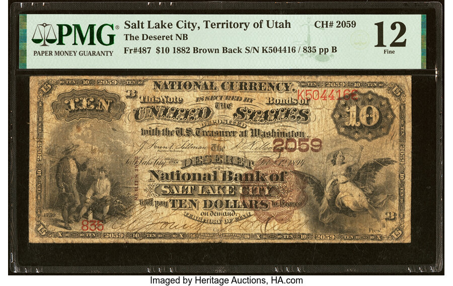 image for: Salt Lake City, UT - $10 1882 Brown Back Fr. 487 The Deseret National Bank Ch. # 2059 PMG Fine 12....