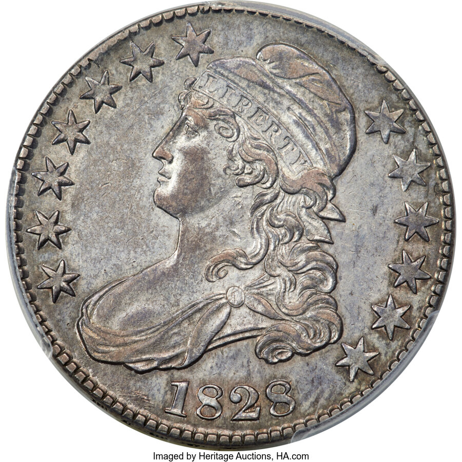 image for: 1828 50C Square Base 2, Small 8s, Large Letters, O-123a, High R.5, XF45 PCGS....