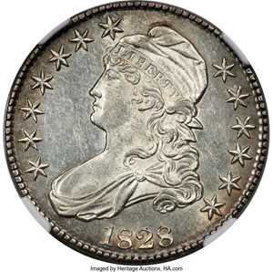 image for: 1828 50C Square Base 2, Small 8s, Large Letters, O-118, R.3, AU55 NGC....
