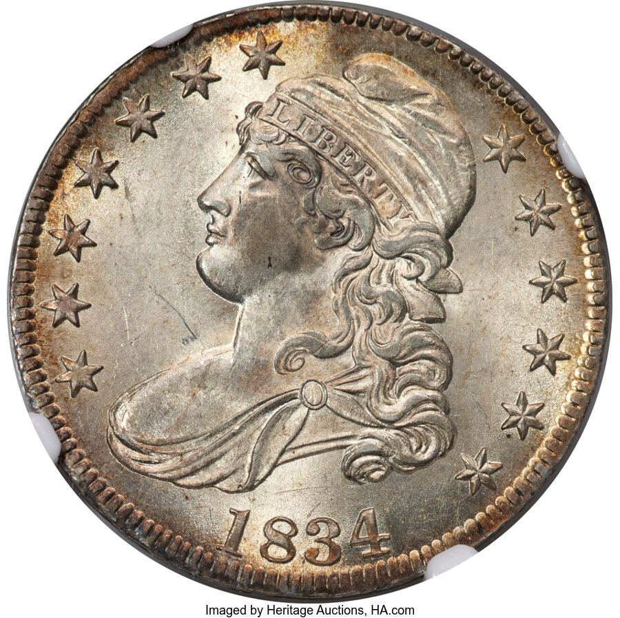 image for: 1834 50C Large Date, Small Letters, O-105, R.1, MS62 NGC....