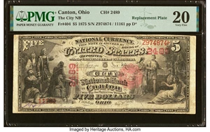 image for: Canton, OH - $5 1875 Fr. 404 The City National Bank Ch. # 2489 PMG Very Fine 20....