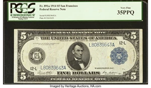 image for: Fr. 891a $5 1914 Federal Reserve Note PCGS Very Fine 35PPQ....