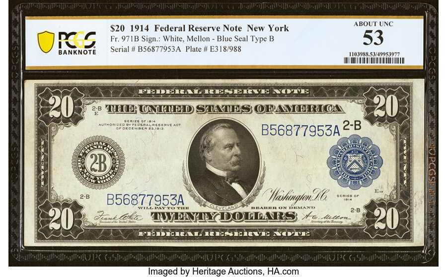 image for: Fr. 971B $20 1914 Federal Reserve Note PCGS Banknote About Unc 53....