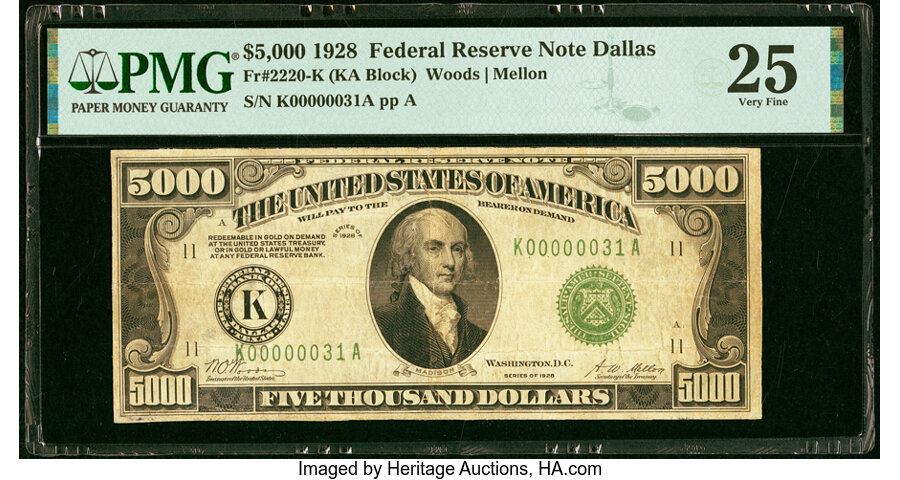 image for: Fr. 2220-K $5,000 1928 Federal Reserve Note. PMG Very Fine 25....