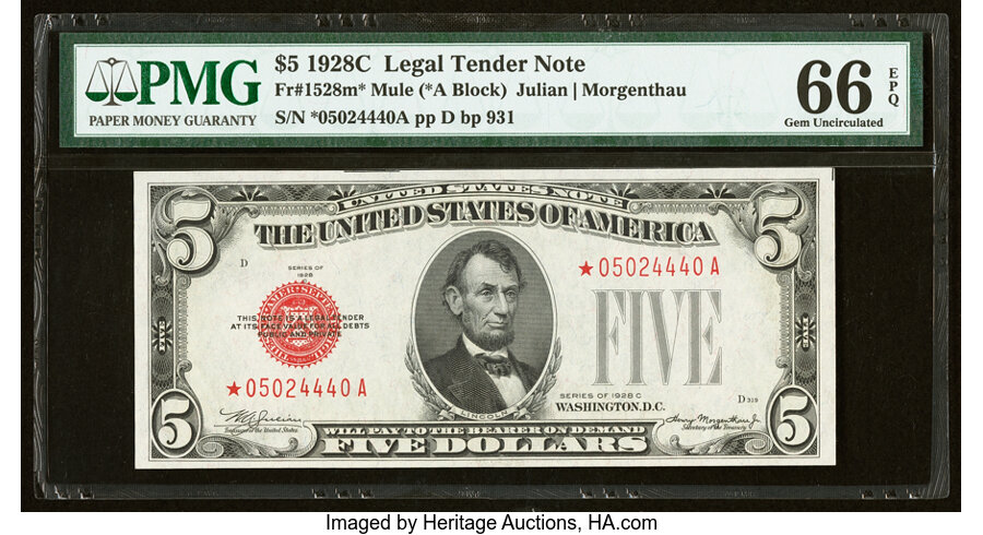 image for: Fr. 1528* $5 1928C Mule Legal Tender Star Note. PMG Gem Uncirculated 66 EPQ....