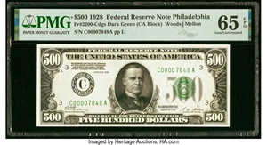 image for: Fr. 2200-C $500 1928 Federal Reserve Note. PMG Gem Uncirculated 65 EPQ....