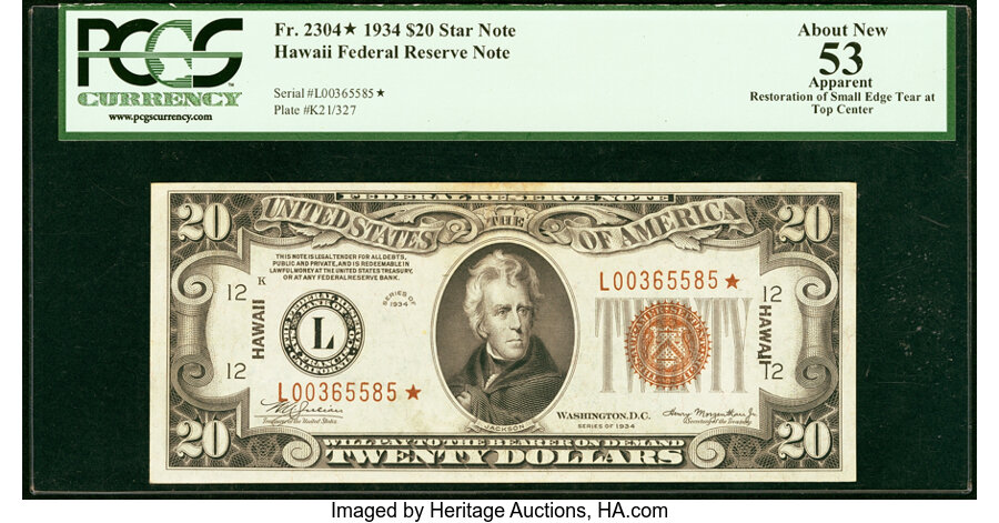 image for: Fr. 2304* $20 1934 Mule Hawaii Federal Reserve Note. PCGS Apparent About New 53....