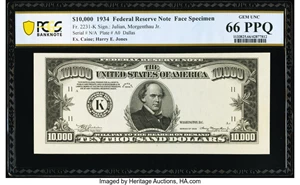 image for: Fr. 2231-K $10,000 1934 Federal Reserve Note Face Specimen PCGS Banknote Gem Unc 66 PPQ....