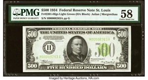 image for: Fr. 2201-H $500 1934 Light Green Seal Federal Reserve Note. PMG Choice About Unc 58....