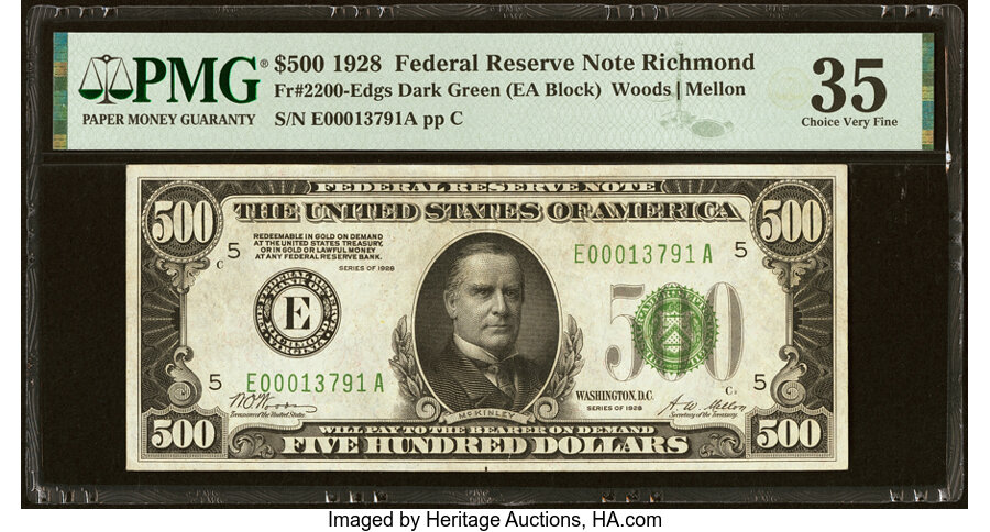 image for: Fr. 2200-E $500 1928 Federal Reserve Note. PMG Choice Very Fine 35....