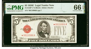 image for: Fr. 1530* $5 1928E Legal Tender Star Note. PMG Gem Uncirculated 66 EPQ....