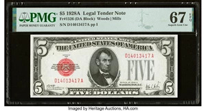 image for: Fr. 1526 $5 1928A Legal Tender Note. PMG Superb Gem Unc 67 EPQ....