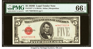 image for: Fr. 1527* $5 1928B Legal Tender Star Note. PMG Gem Uncirculated 66 EPQ....