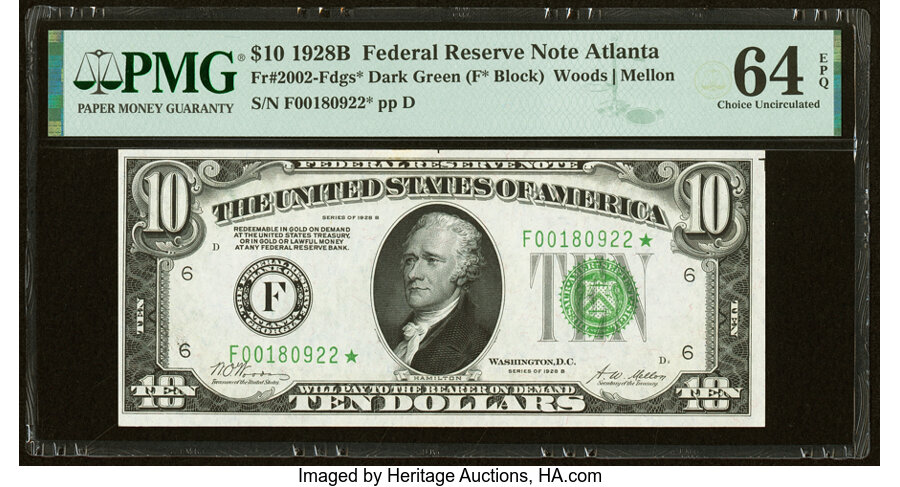 image for: Fr. 2002-F* $10 1928B Federal Reserve Star Note. PMG Choice Uncirculated 64 EPQ....