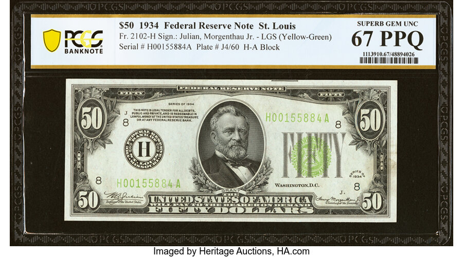 image for: Fr. 2102-H $50 1934 Light Green Seal Federal Reserve Note. PCGS Banknote Superb Gem Unc 67 PPQ....