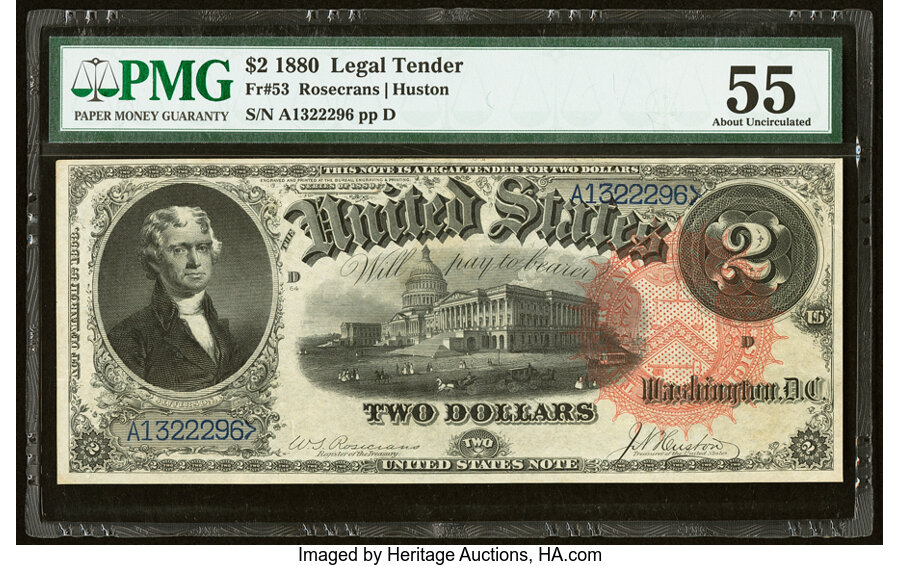 image for: Fr. 53 $2 1880 Legal Tender PMG About Uncirculated 55....
