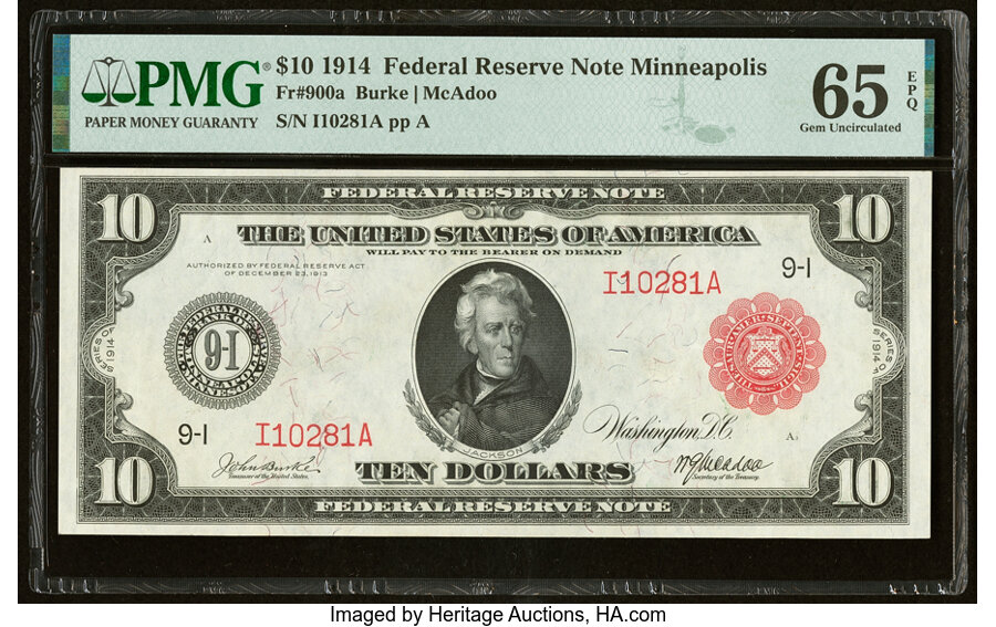 image for: Fr. 900a $10 1914 Red Seal Federal Reserve Note PMG Gem Uncirculated 65 EPQ....