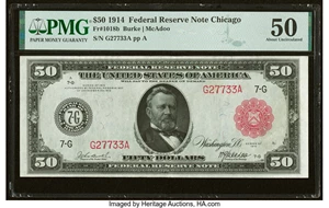 image for: Fr. 1018b $50 1914 Red Seal Federal Reserve Note PMG About Uncirculated 50....