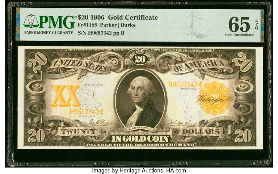 image for: Fr. 1185 $20 1906 Gold Certificate PMG Gem Uncirculated 65 EPQ....