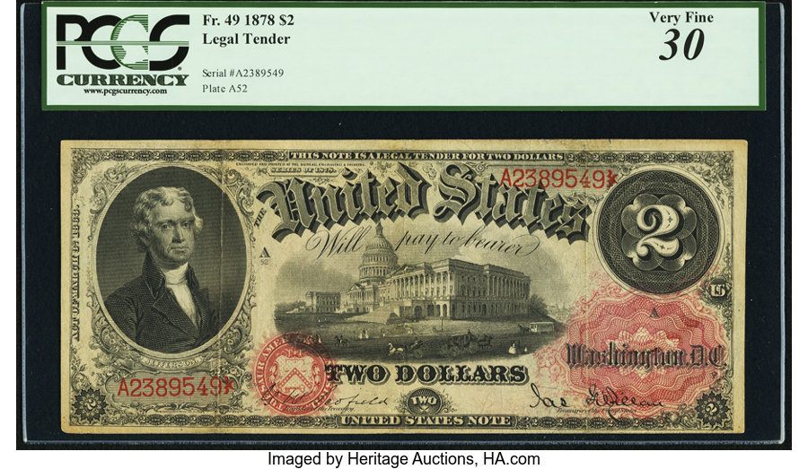 image for: Fr. 49 $2 1878 Legal Tender PCGS Very Fine 30....