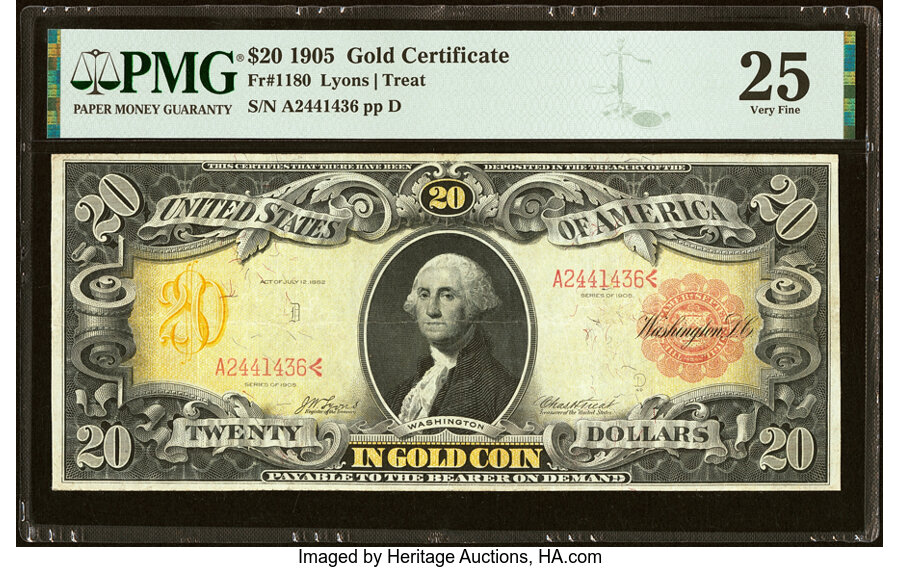 image for: Fr. 1180 $20 1905 Gold Certificate PMG Very Fine 25....