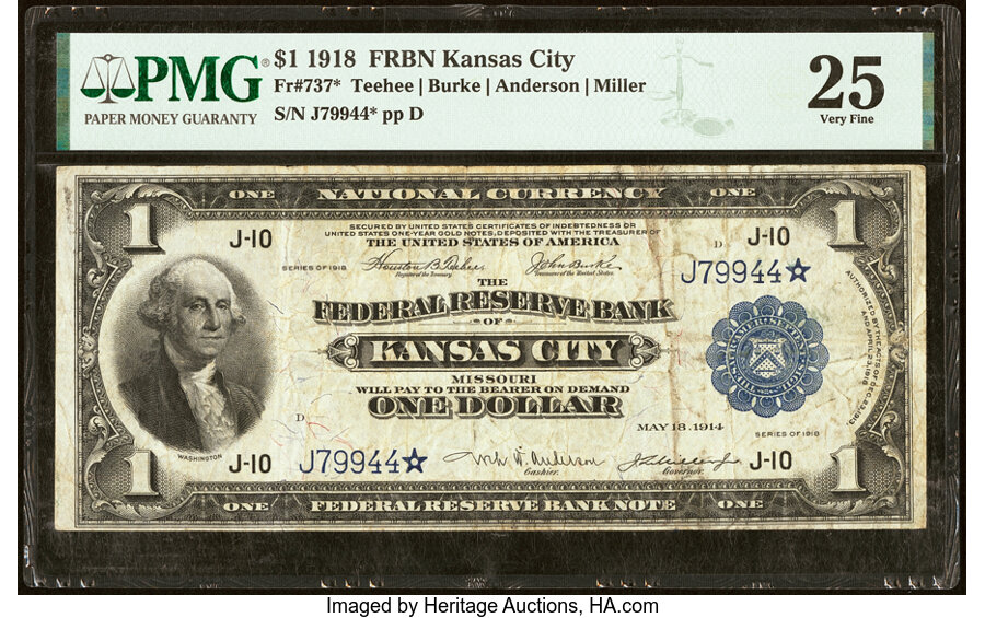 image for: Fr. 737* $1 1918 Federal Reserve Bank Star Note PMG Very Fine 25....