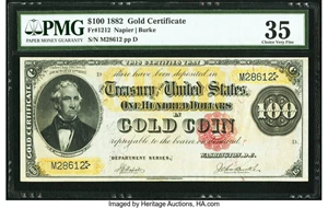 image for: Fr. 1212 $100 1882 Gold Certificate PMG Choice Very Fine 35....