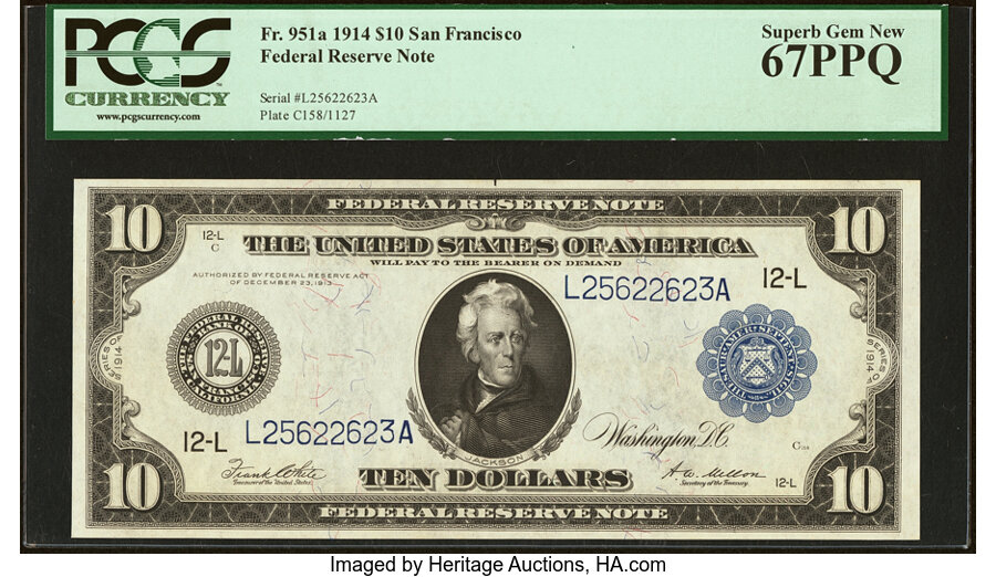image for: Fr. 951a $10 1914 Federal Reserve Note PCGS Superb Gem New 67PPQ....