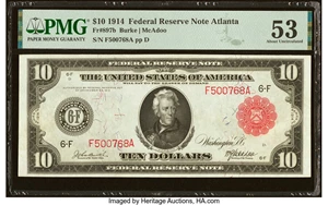 image for: Fr. 897b $10 1914 Red Seal Federal Reserve Note PMG About Uncirculated 53....