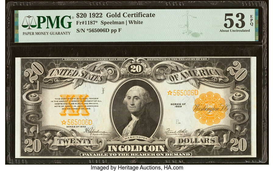 image for: Fr. 1187* $20 1922 Gold Certificate Star PMG About Uncirculated 53 EPQ....