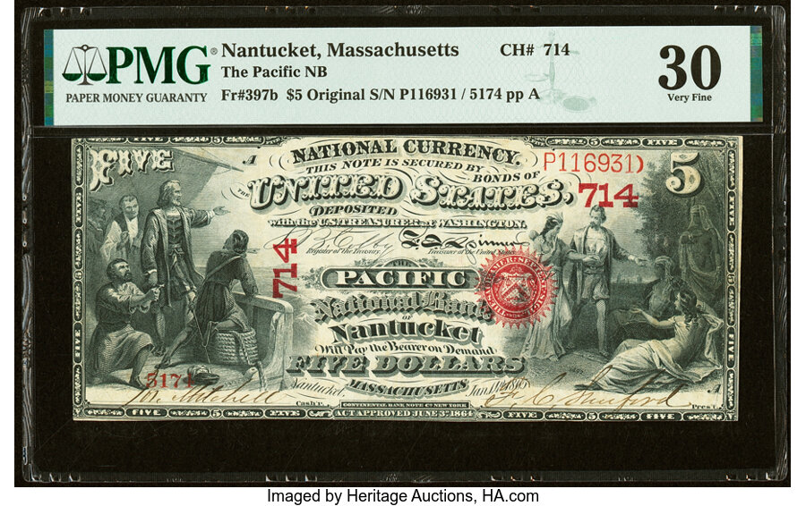 image for: Nantucket, MA - $5 Original Fr. 397b The Pacific National Bank Ch. # 714 PMG Very Fine 30....