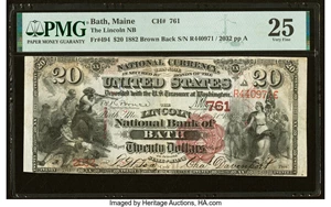 image for: Bath, ME - $20 1882 Brown Back Fr. 494 The Lincoln National Bank Ch. # 761 PMG Very Fine 25....