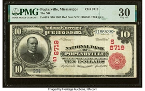 image for: Poplarville, MS - $10 1902 Red Seal Fr. 615 The National Bank of Poplarville Ch. # (S)8719 PMG Very Fine 30....