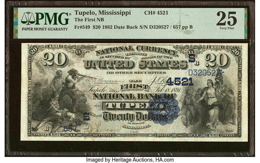 image for: Tupelo, MS - $20 1882 Date Back Fr. 549 The First National Bank Ch. # (S)4521 PMG Very Fine 25....