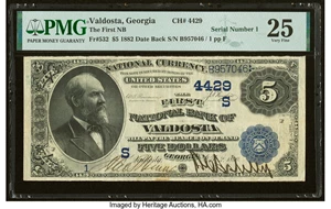 image for: Valdosta, GA - $5 1882 Date Back Fr. 532 The First National Bank Ch. # (S)4429 PMG Very Fine 25....