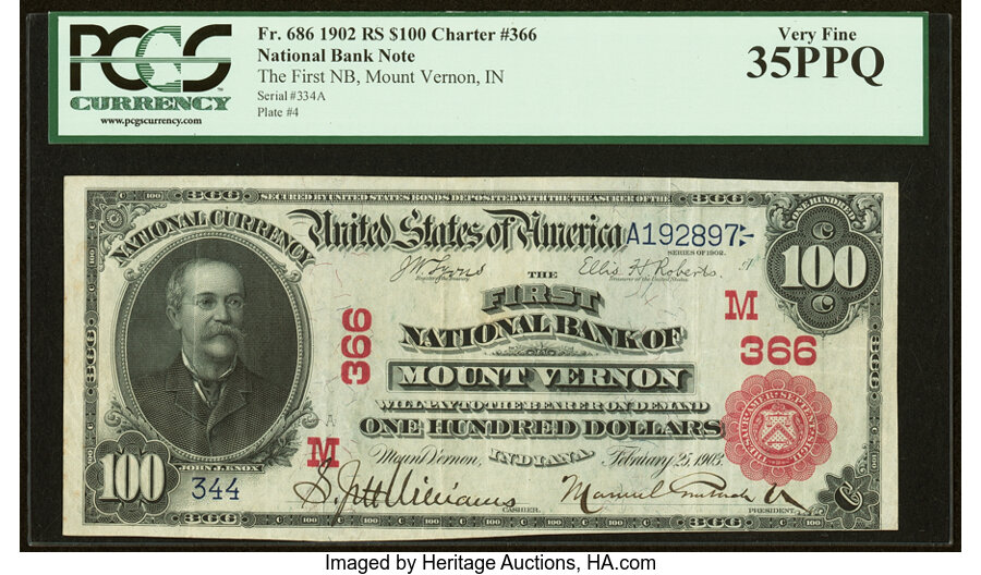 image for: Mount Vernon, IN - $100 1902 Red Seal Fr. 686 The First National Bank Ch. # (M)366 PCGS Very Fine 35PPQ....