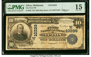 image for: Afton, OK - $10 1902 Plain Back Fr. 629 The First National Bank Ch. # (W)10339 PMG Choice Fine 15....
