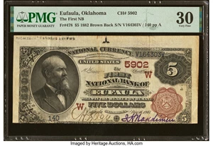 image for: Eufaula, OK - $5 1882 Brown Back Fr. 478 The First National Bank Ch. # (W)5902 PMG Very Fine 30....