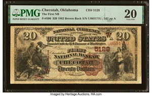 image for: Checotah, OK - $20 1882 Brown Back Fr. 506 The First National Bank Ch. # (W)5128 PMG Very Fine 20....