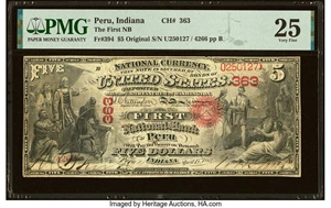 image for: Peru, IN - $5 Original Fr. 394 The First National Bank Ch. # 363 PMG Very Fine 25....