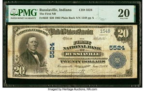 image for: Russiaville, IN - $20 1902 Plain Back Fr. 659 The First National Bank Ch. # 5524 PMG Very Fine 20....