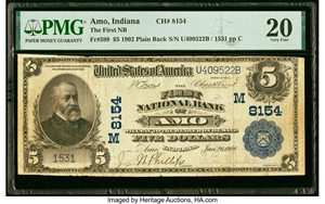 image for: Amo, IN - $5 1902 Plain Back Fr. 599 The First National Bank Ch. # (M)8154 PMG Very Fine 20....