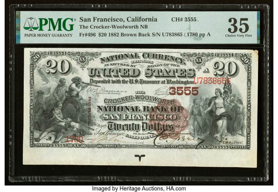 image for: San Francisco, CA - $20 1882 Brown Back Fr. 496 The Crocker-Woolworth National Bank Ch. # 3555 PMG Choice Very Fine 35....