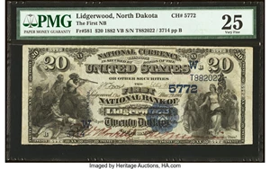 image for: Lidgerwood, ND - $20 1882 Value Back Fr. 581 The First National Bank Ch. # (W)5772 PMG Very Fine 25....