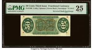 image for: Inverted Back Surcharges Error Fr. 1366 50¢ Third Issue Justice PMG Very Fine 25....