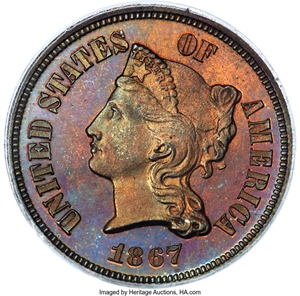 image for: 1867 5C Five Cents, Judd-571, Pollock-639, R.7, PR65 Red and Brown PCGS....
