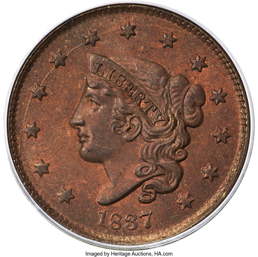 image for: 1837 1C Medium Letters, N-4, R.2, MS65 Red and Brown PCGS. CAC....