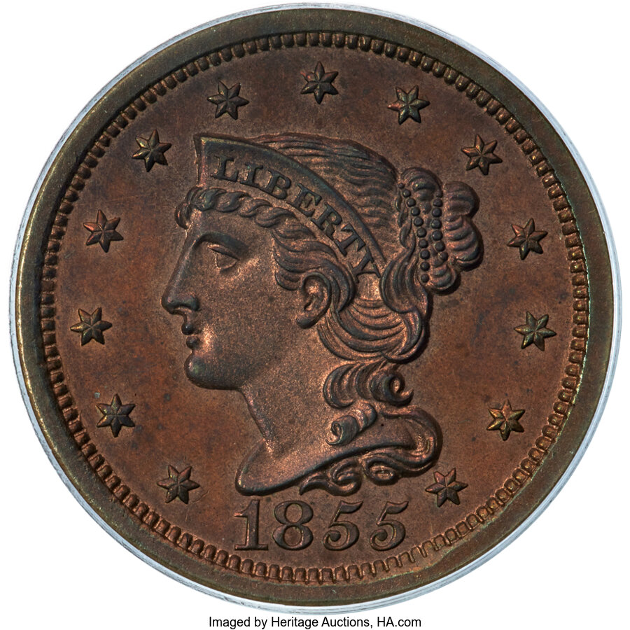 image for: 1855 1C Slanted 55, N-10, R.5 (Proof), PR64 Red and Brown PCGS. CAC....
