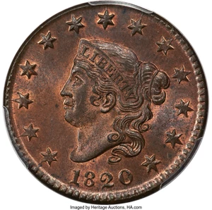 image for: 1820 1C Small Date, N-15, R.2, MS64+ Red and Brown PCGS. CAC....